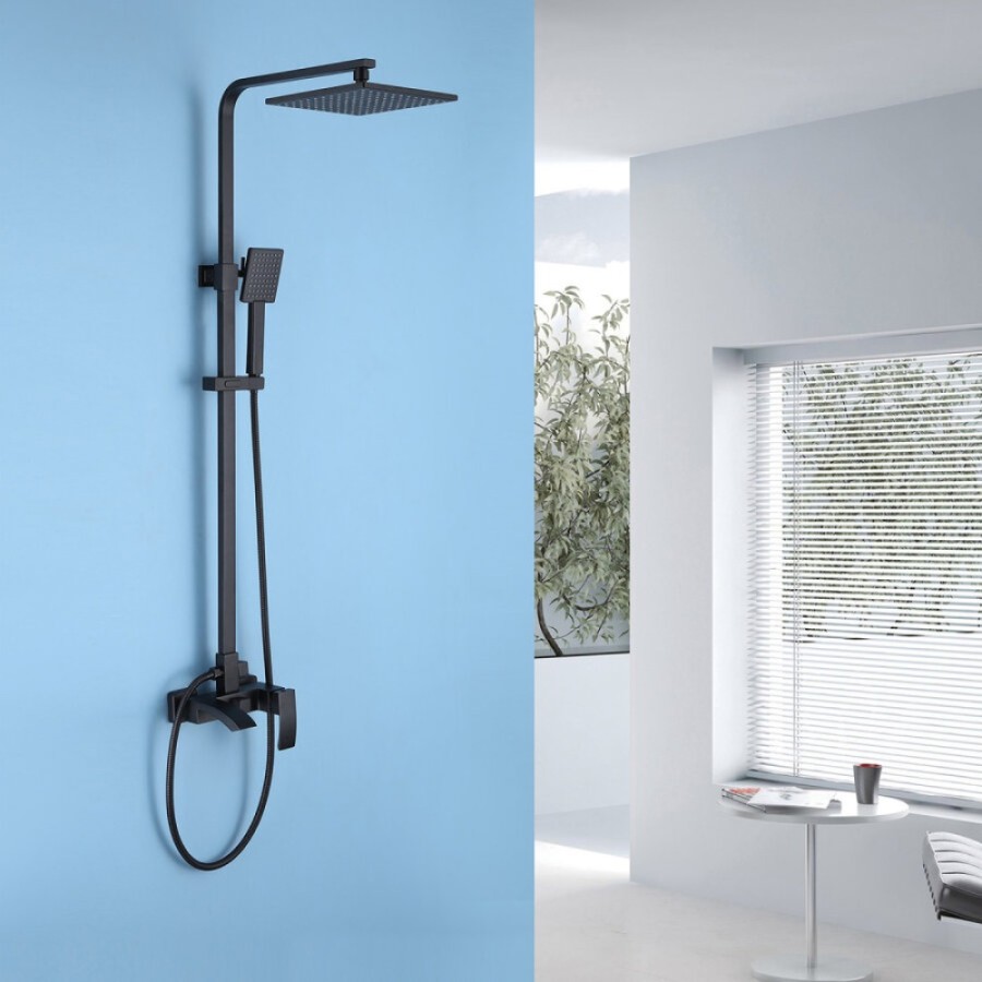 Душевая система Abber Wasserfall AF8616B, стойка, излив, верхний душ, душевая лейка, черный матовый