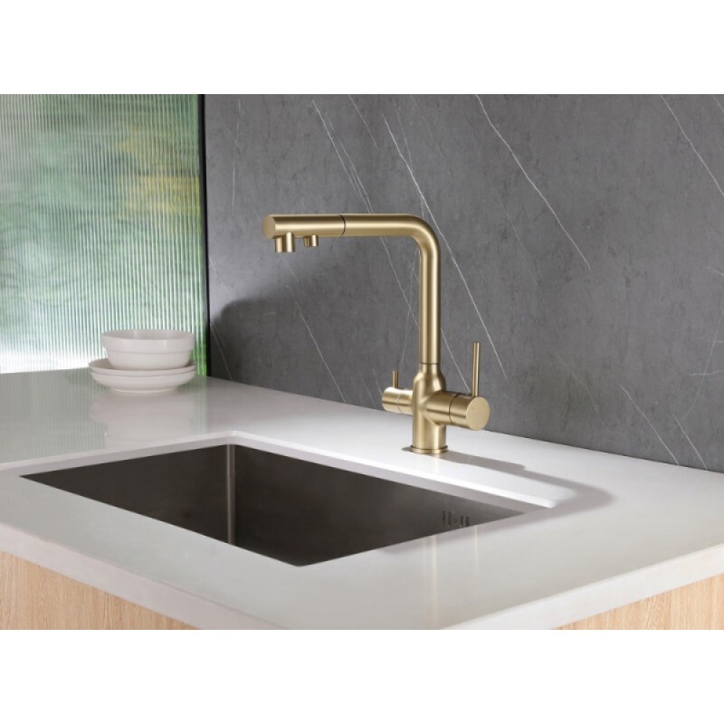 Смеситель Abber Emotion AF8814G, для кухонной мойки, с подключением к фильтру, цвет золото матовое