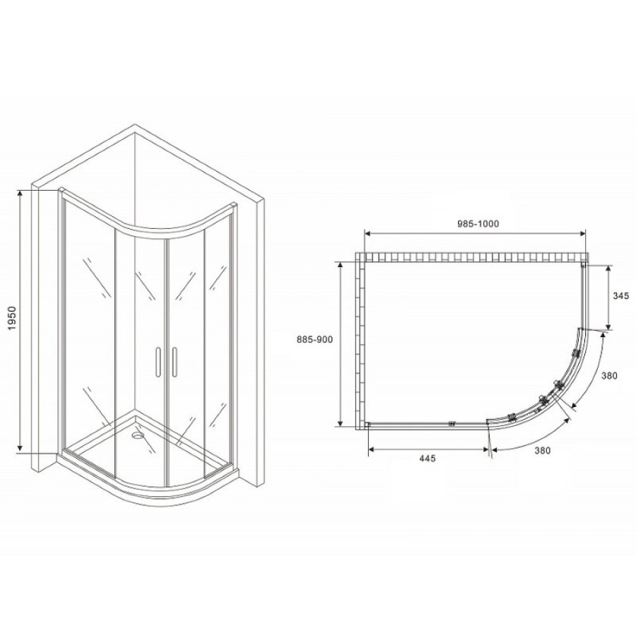 Душевой уголок Abber Schwarzer Diamant, 100 х 90 см, стекло прозрачное, профиль хром, AG01190