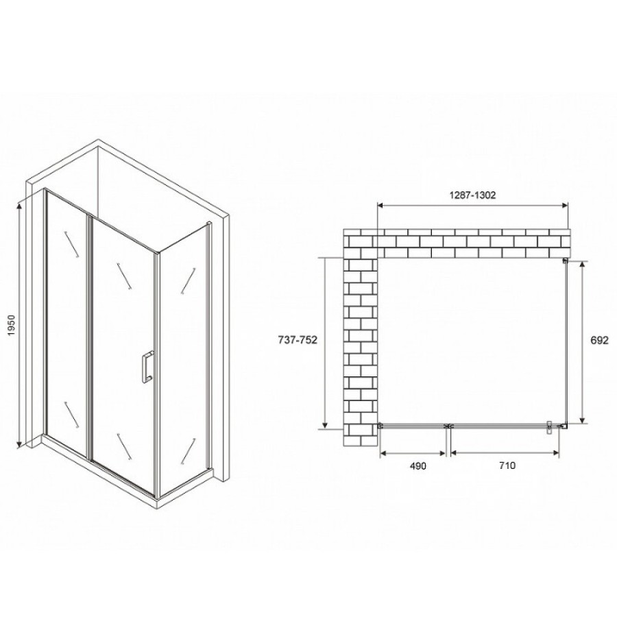 Душевой уголок Abber Sonnenstrand, 130 х 75 см, стекло прозрачное, профиль хром, AG04130S-S75