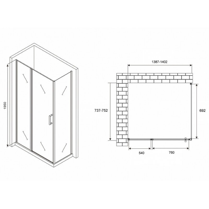 Душевой уголок Abber Sonnenstrand, 140 х 75 см, стекло прозрачное, профиль хром, AG04140S-S75