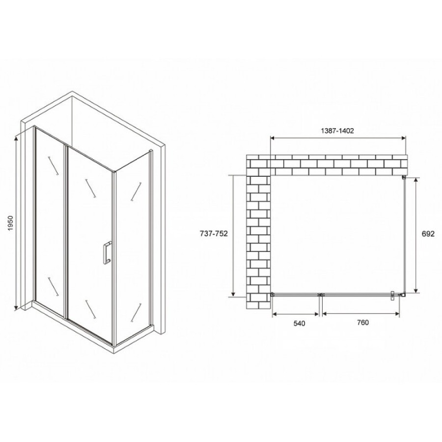 Душевой уголок Abber Sonnenstrand, 140 х 75 см, стекло прозрачное, профиль хром, AG04140S-S75