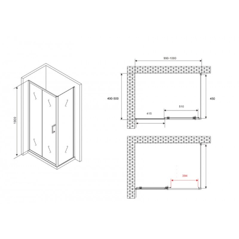 Душевой уголок Abber Schwarzer Diamant AG301005-S505, 100 х 50 см, стекло прозрачное, профиль хром