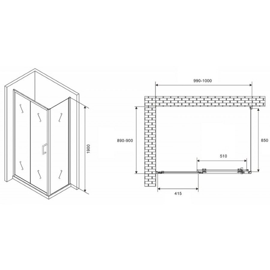 Душевой уголок Abber Schwarzer Diamant, 100 х 90 см, стекло прозрачное, профиль хром, AG301005-S905