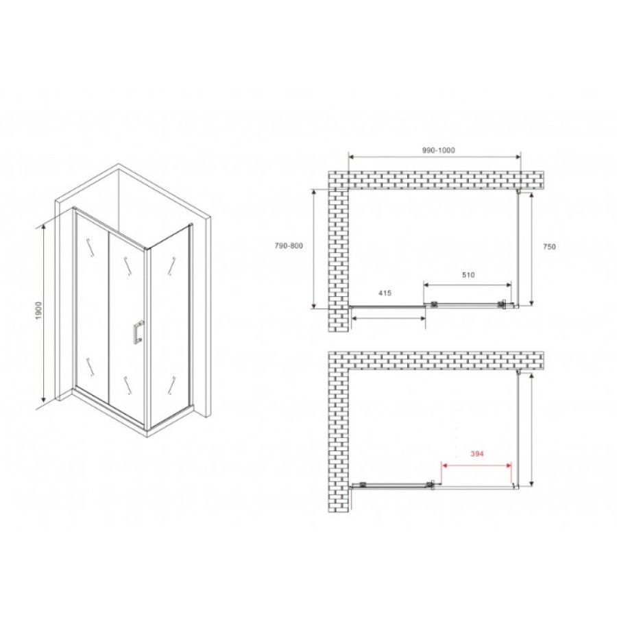 Душевой уголок Abber Schwarzer Diamant AG30100B5-S80B5, 100 х 80 см, стекло прозрачное, профиль черный