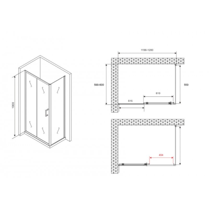 Душевой уголок Abber Schwarzer Diamant AG30120B5-S60B5, 120 х 60 см, стекло прозрачное, профиль черный
