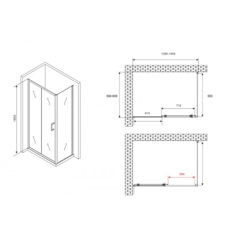 Душевой уголок Abber Schwarzer Diamant AG30140B5-S60B5, 140 х 60 см, стекло прозрачное, профиль черный