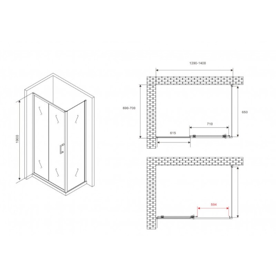 Душевой уголок Abber Schwarzer Diamant AG30140B5-S70B5, 140 х 70 см, стекло прозрачное, профиль черный