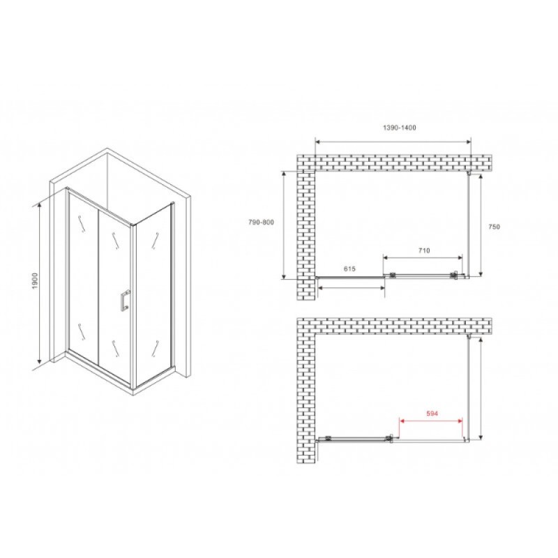 Душевой уголок Abber Schwarzer Diamant AG30140B5-S80B5, 140 х 80 см, стекло прозрачное, профиль черный