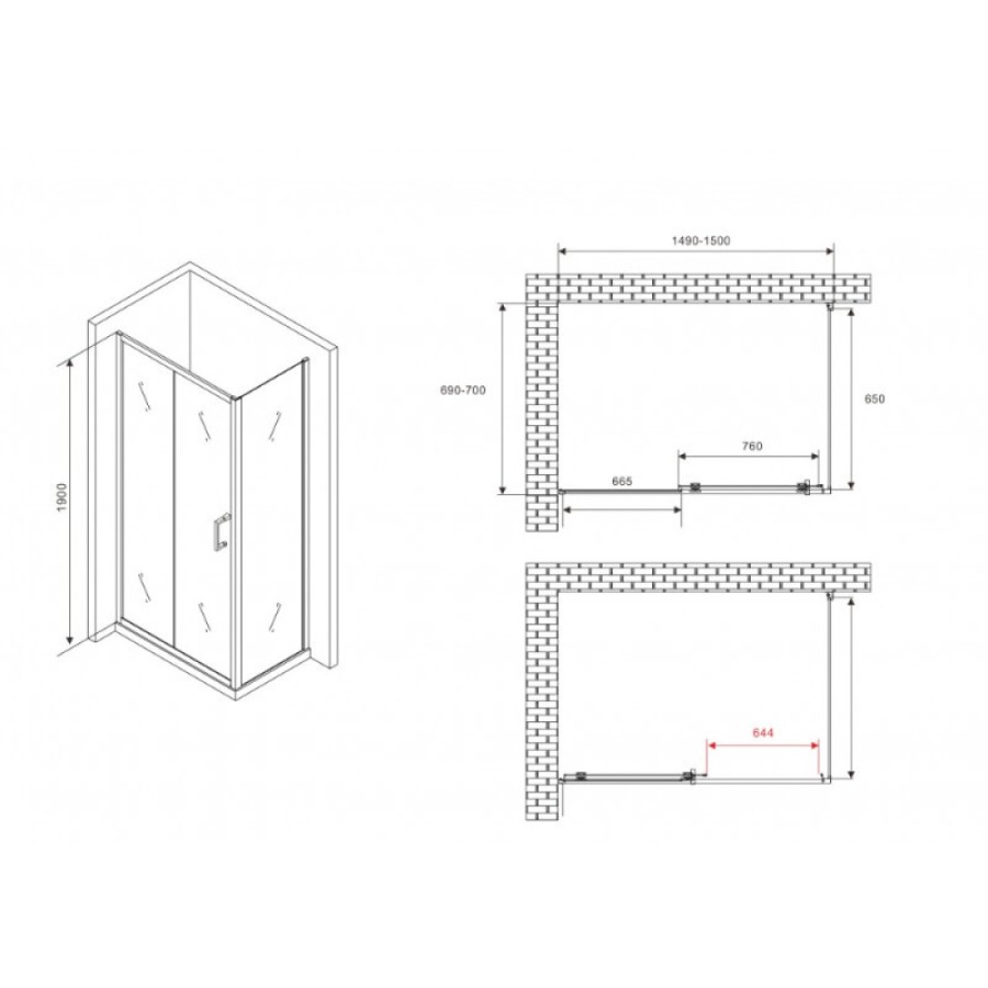Душевой уголок Abber Schwarzer Diamant AG30150B5-S70B5, 150 х 70 см, стекло прозрачное, профиль черный