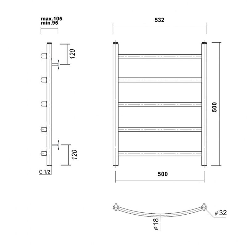 Водяной полотенцесушитель из нержавеющей стали domoterm калипсо п5 500x500 золото