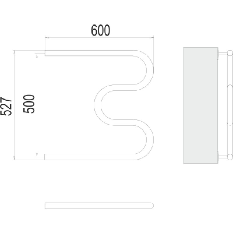 Полотенцесушитель водяной Terminus М-образный 4620768880506, ширина 60 см, высота 53 см, боковое подключение 50 см, 3/4 дюйма, цвет нержавеющая сталь