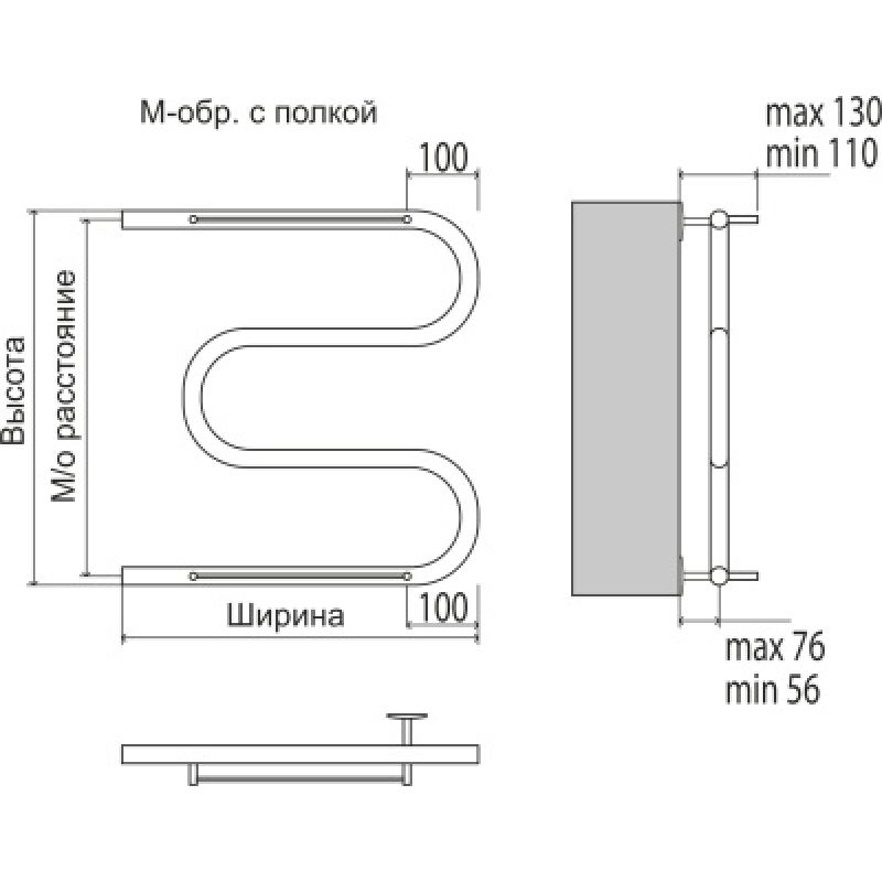Полотенцесушитель водяной Terminus М-образный 4620768880377, ширина 40 см, высота 63 см, боковое подключение 60 см, 1 дюйм, с полкой, цвет нержавеющая сталь