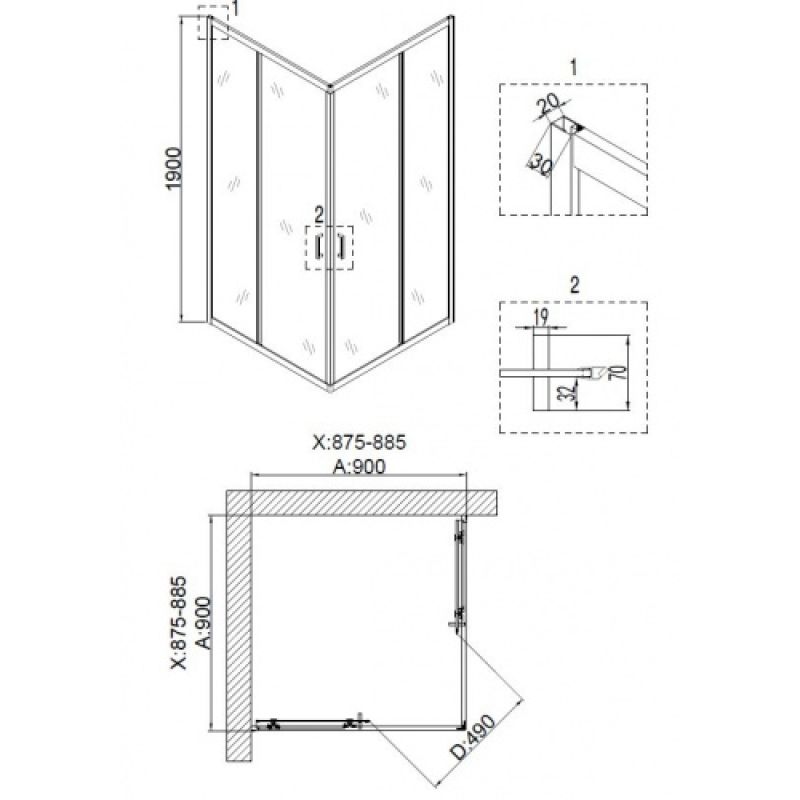 Душевой уголок Niagara NG-6608-08  (90*90*195) квадрат, двери раздвижные, 1 место