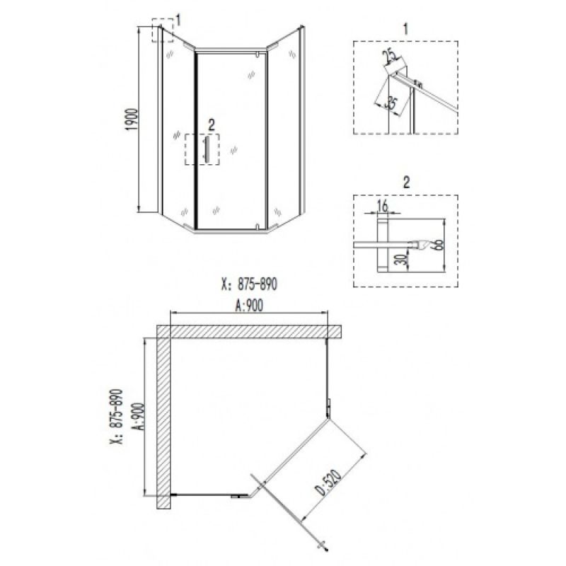 Душевой уголок Niagara NG-6805-08 BLACK (90*90*195) трапеция, дверь распашная, 1 место