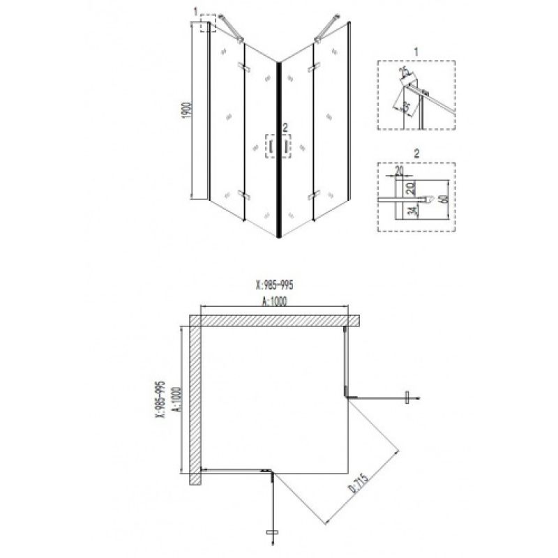 Душевой уголок Niagara NG-6814-08 BLACK (100*100*190) квадрат, двери распашные, 1 место