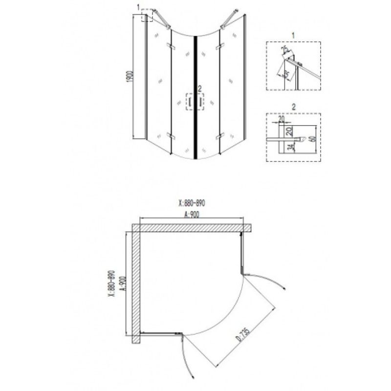 Душевой уголок Niagara NG-6815-08 BLACK (90*90*190) полукруг, двери распашные, 1 место
