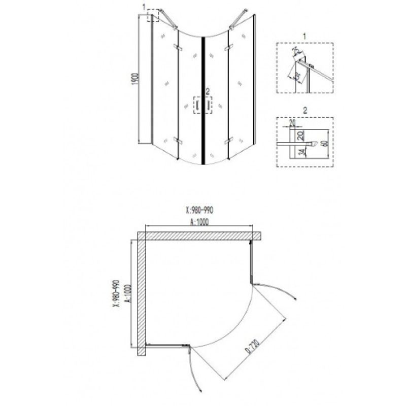 Душевой уголок Niagara NG-6816-08 BLACK (100*100*190) полукруг, двери распашные, 1 место