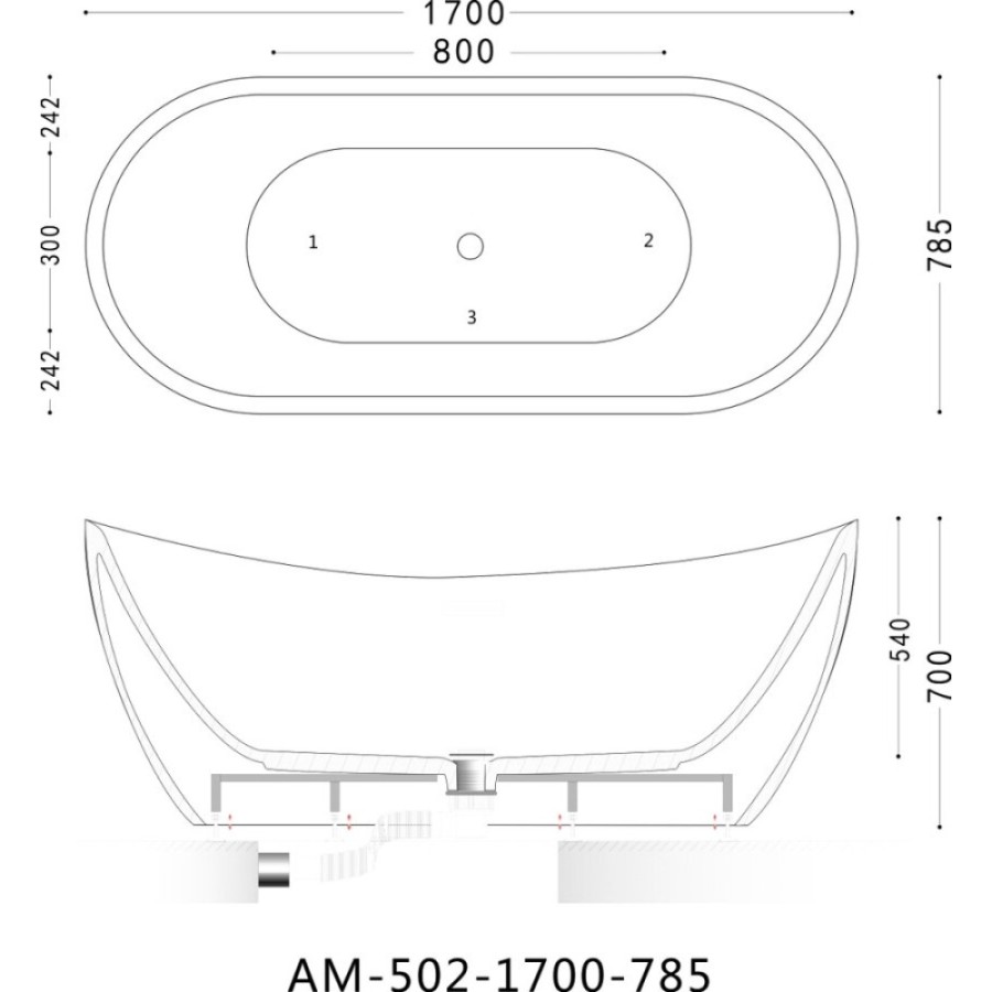 Ванна акриловая Art&Max Rimini AM-502-1700-785, 170 x 78.5 см, слив-перелив в комплекте, белый