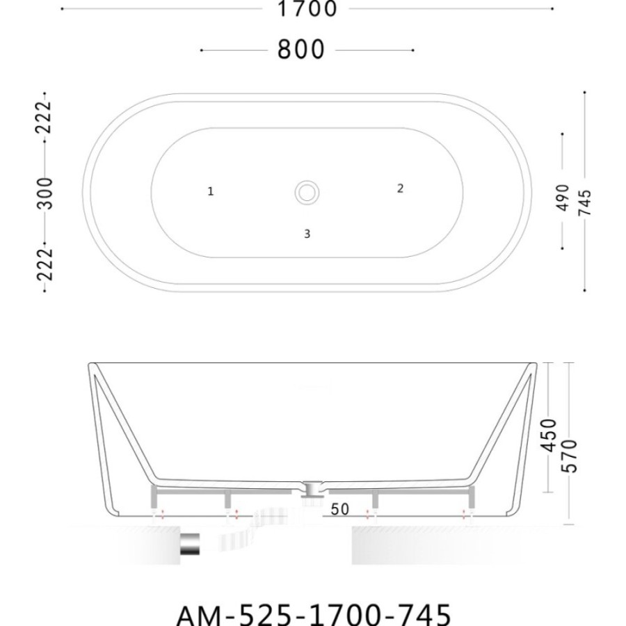 Ванна акриловая Art&Max Platino AM-525-1700-745, 170 x 74.5 см, слив-перелив и донный клапан в комплекте, белый