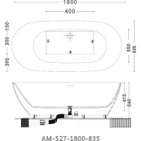 Ванна акриловая Art&Max Elegant AM-527-1800-835, 180 x 83.5 см, слив-перелив и донный клапан в комплекте, белый