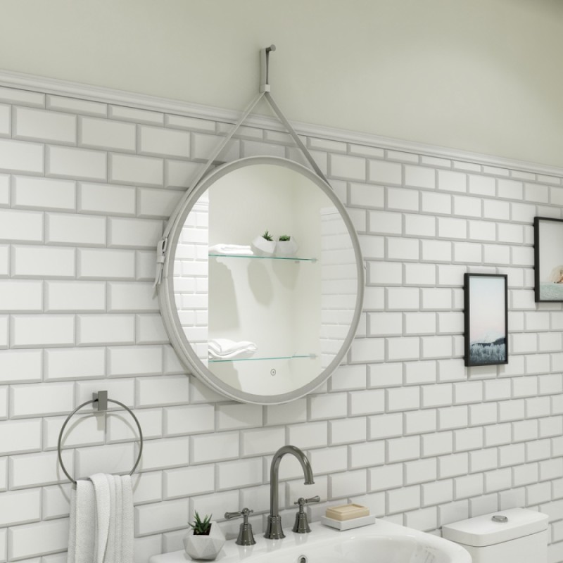 Зеркало Art&Max Milan AM-Mil-800-DS-F 80 x 80 см с подсветкой, на ремне из белой кожи
