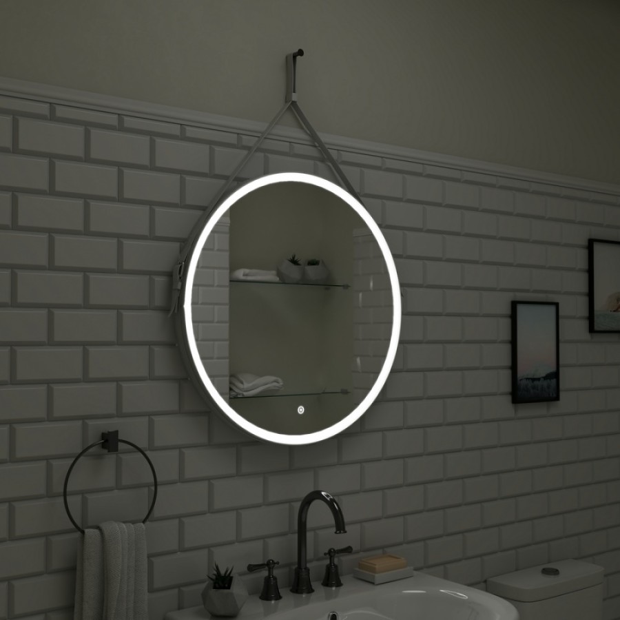 Зеркало Art&Max Milan AM-Mil-800-DS-F 80 x 80 см с подсветкой, на ремне из белой кожи