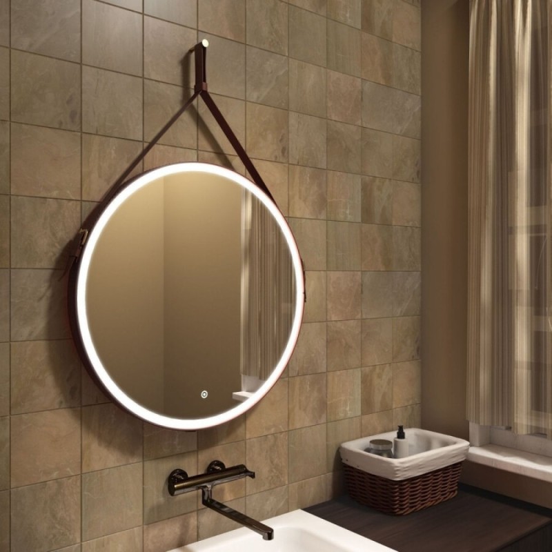 Зеркало Art&Max Milan AM-Mil-800-DS-F-Brown 80 x 80 см с подсветкой, на ремне из коричневой кожи