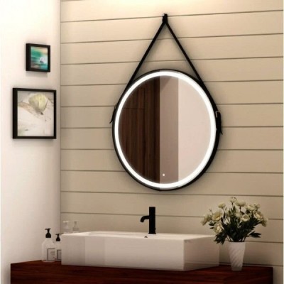 Зеркало Art&Max Milan AM-Mil-800-DS-F-Nero 80 x 80 см с подсветкой, на ремне из черной кожи