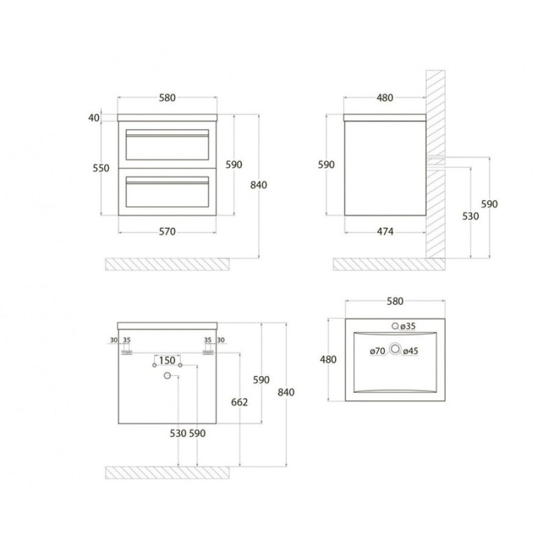 Тумба под раковину Art&Max Platino AM-Platino-580-2C-SO-CM, 60 см, подвесная, цвет капучино матовый