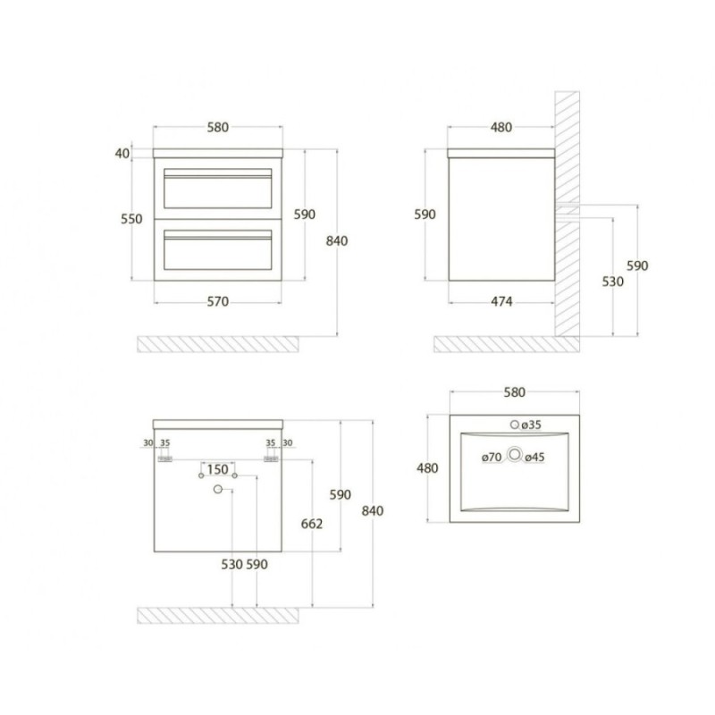 Тумба под раковину Art&Max Platino 58 см подвесная, черный матовый, AM-Platino-580-2C-SO-NM