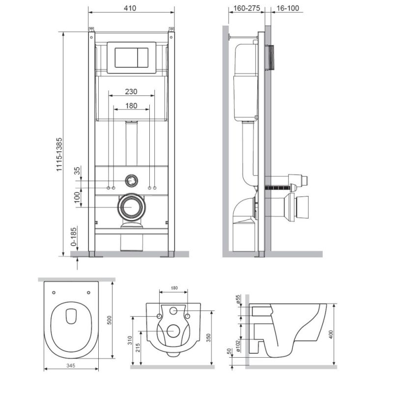 Комплект унитаза с инсталляцией Damixa Jupiter DX77.IS10151.1700 с сиденьем Микролифт и клавишей смыва Хром глянцевый