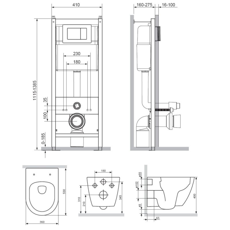 Комплект унитаза с инсталляцией Damixa Apollo DX22.IS10151.1700 с сиденьем Микролифт и клавишей смыва Хром глянцевый