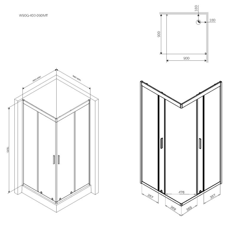 Душевой уголок AM.PM Gem 90х90 W90G-403-090MT профиль Серый стекло прозрачное