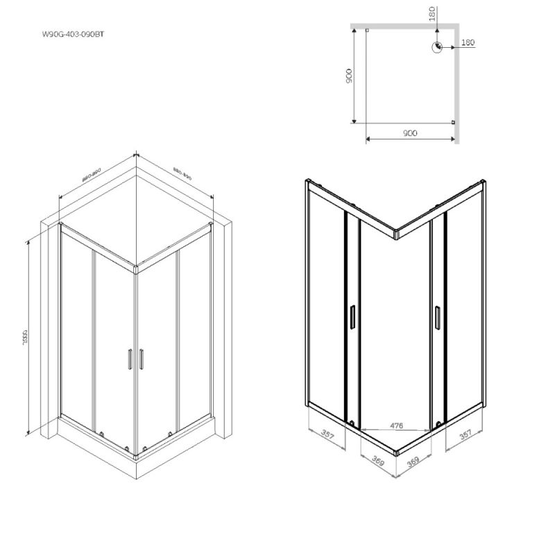 Душевой уголок AM.PM Gem 90х90 W90G-403-090BT профиль Черный матовый стекло прозрачное