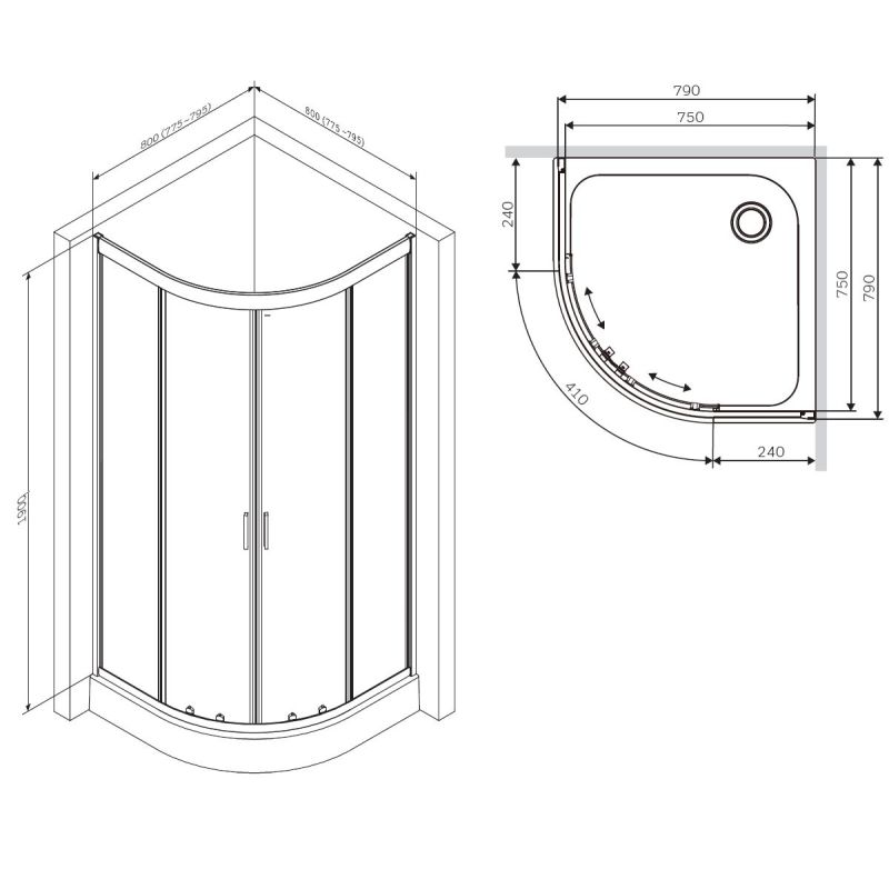 Душевой уголок AM.PM Gem 80х80 W90G-401-080WT радиальный профиль Матовый хром стекло прозрачное