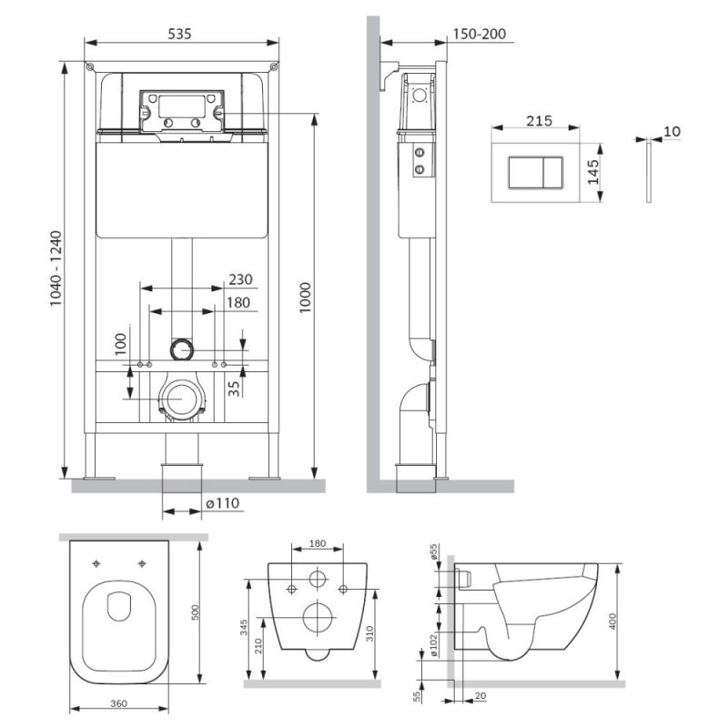 Комплект унитаза с инсталляцией AM.PM Gem IS70238.901701 с сиденьем Микролифт и Черной матовой клавишей смыва