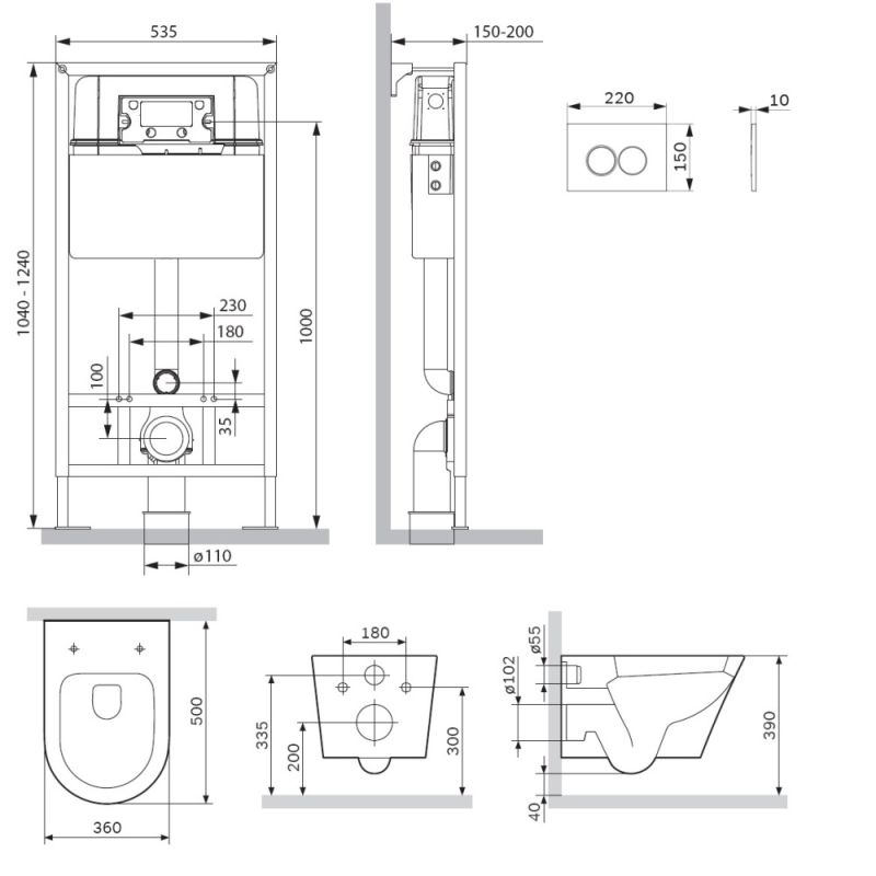Комплект унитаза с инсталляцией AM.PM Sense IS70138.741701 с сиденьем Микролифт и Черной матовой клавишей смыва
