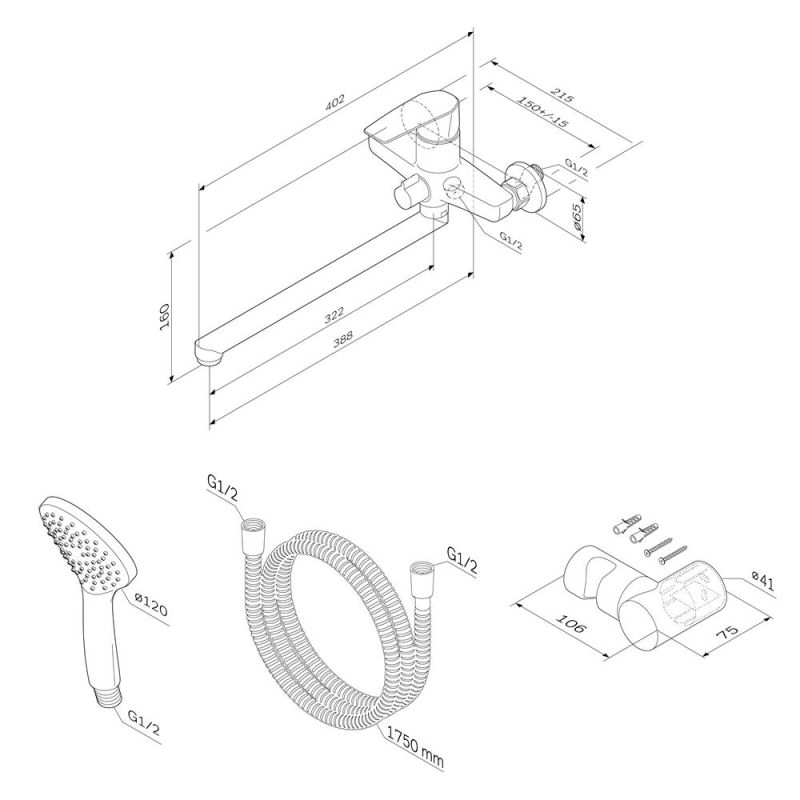 Смеситель для ванны и душа AM.PM Gem F90A95000 универсальный Хром