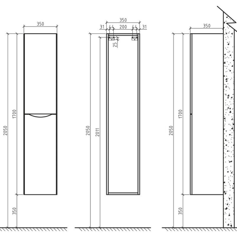Пенал BelBagno Ancona-N-1700-2A-SC-WO-R, 35 см, подвесной, rovere bianco, правосторонний