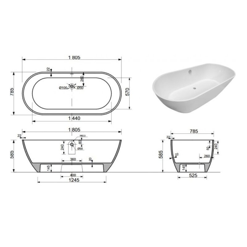 Ванна из искусственного мрамора Aquanet Family Stone AQ-00332888, 180 x 80 см, цвет белый