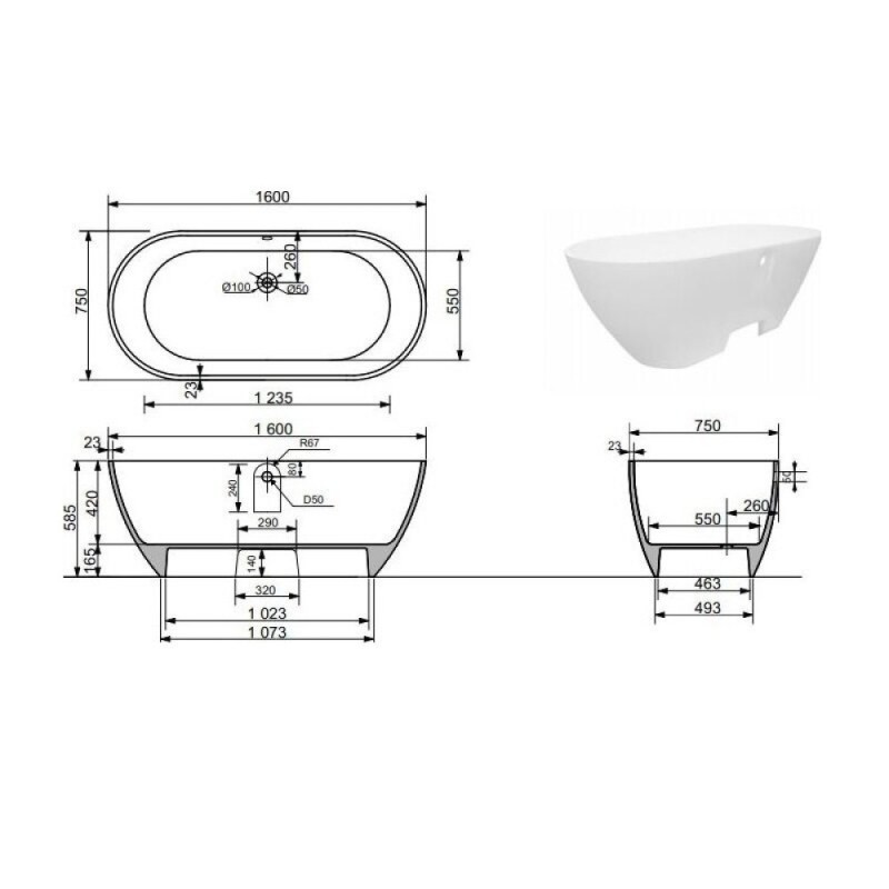 Ванна из искусственного мрамора Aquanet Family Stone AQ-00332889, 160 x 75 см, цвет белый