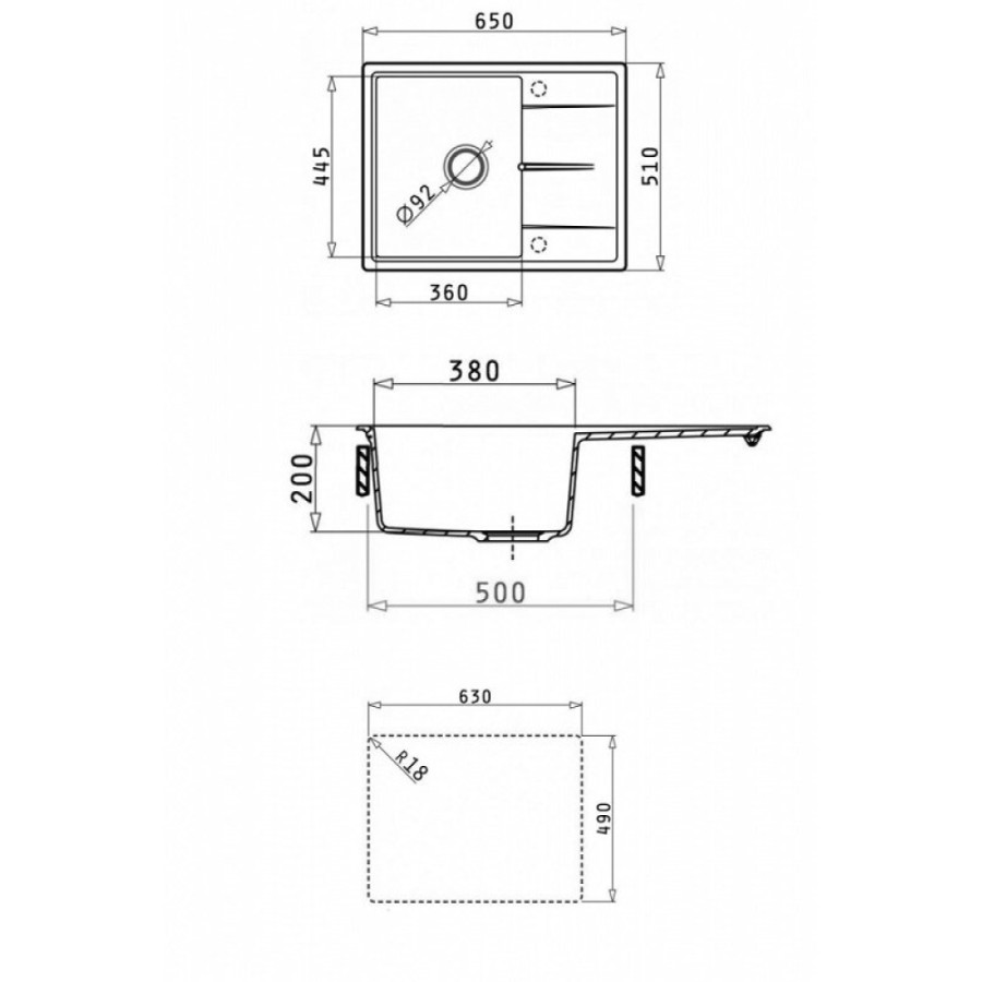 Кухонная мойка Abber Quarz AQ2903B, 65 см, кварцевый композит, крыло справа, черный матовый