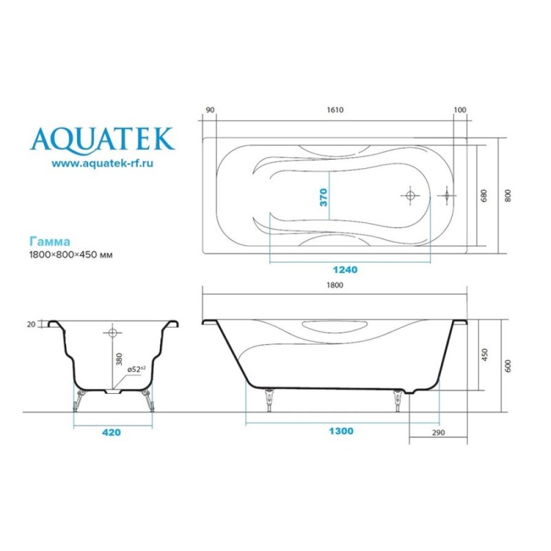 Ванна чугунная Aquatek Гамма AQ8080F-00, 180 x 80 см, ножки в комплекте, белая