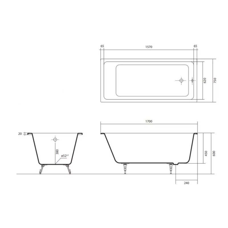Чугунная ванна Aquatek Альфа 170x75 AQ8970F-00 ножки в комплекте, белый