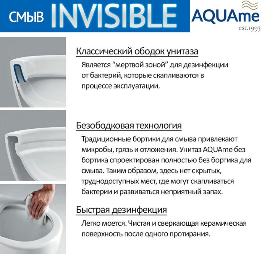 Унитаз подвесной Aquame AQM2013PRO, безободковый, сиденье с микролифтом, смыв торнадо, цвет белый