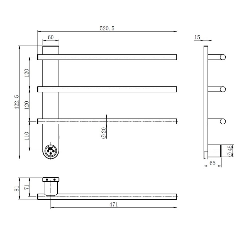 Полотенцесушитель электрический Aquame AQM3113GM, ширина 52 см, высота 42 см, диммер слева, цвет металл