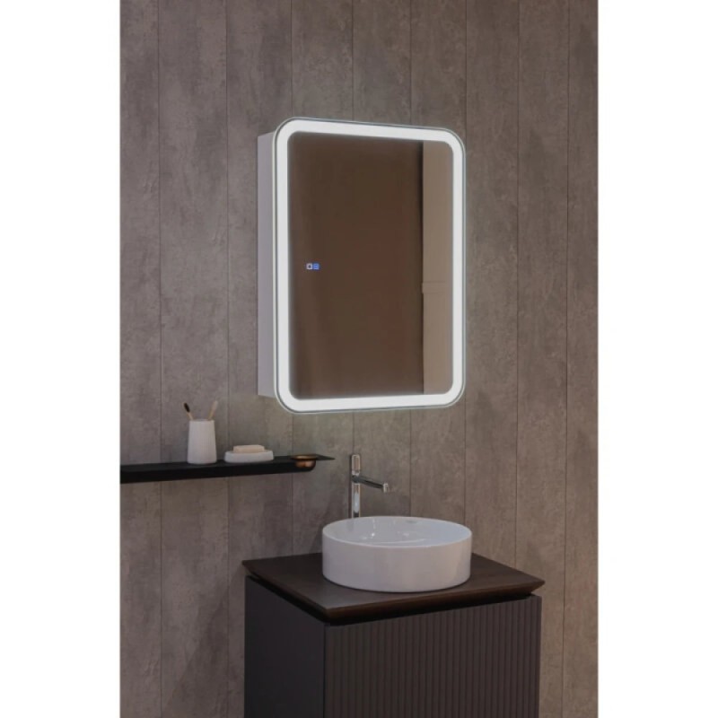 Зеркальный шкаф Aquame AQM9202, 60 см, с LED-подсветкой, сенсорный выключатель, подогрев, скругленные углы, цвет белый