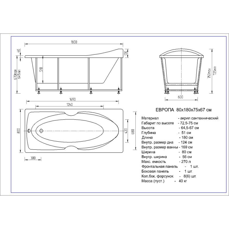 Акриловая ванна Aquatek Европа 180х80 EVR180-0000041 без гидромассажа с фронтальной панелью с каркасом (вклеенный) со слив-переливом (слева)