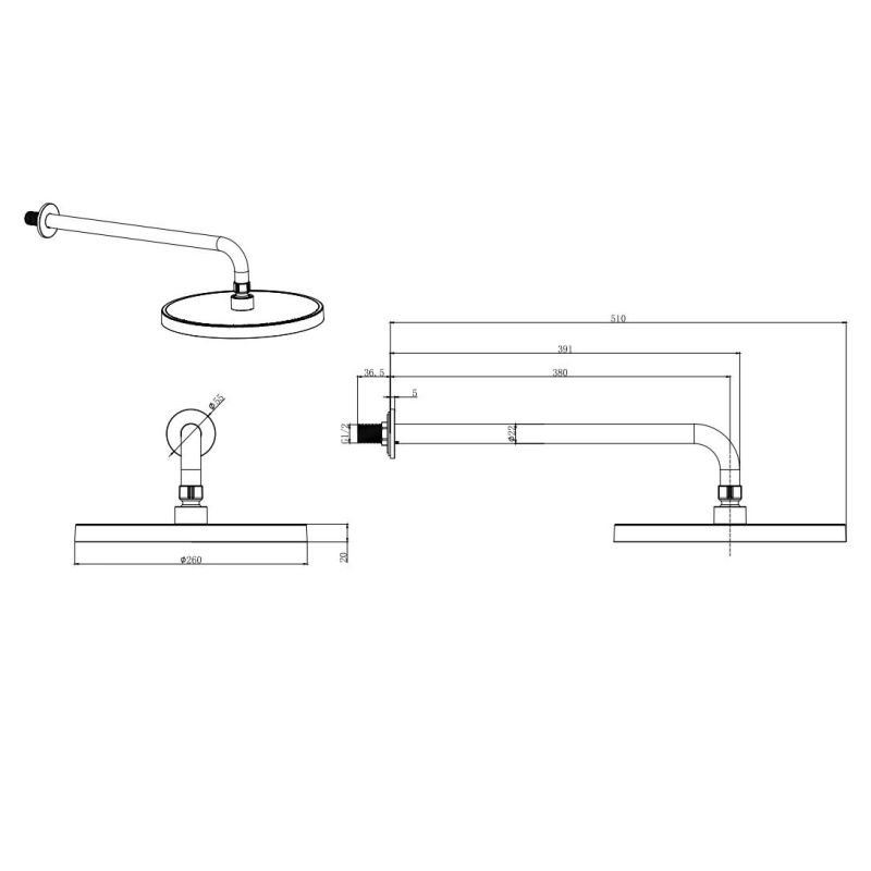 Верхний душ настенный 260мм Aquatek, матовый черный AQ2080MB 